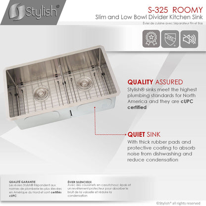 Stylish Roomy 32" x 18" Low Divider 60-40 Double Bowl Undermount Stainless Steel Kitchen Sink S-325XG - Renoz