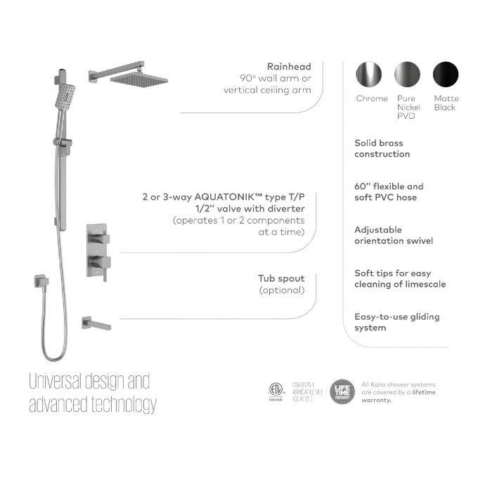 Kalia SquareOne TCD1 AQUATONIK T/P Coaxial Shower System with 10-1/4" Shower Head and Wall Arm -Chrome - Renoz