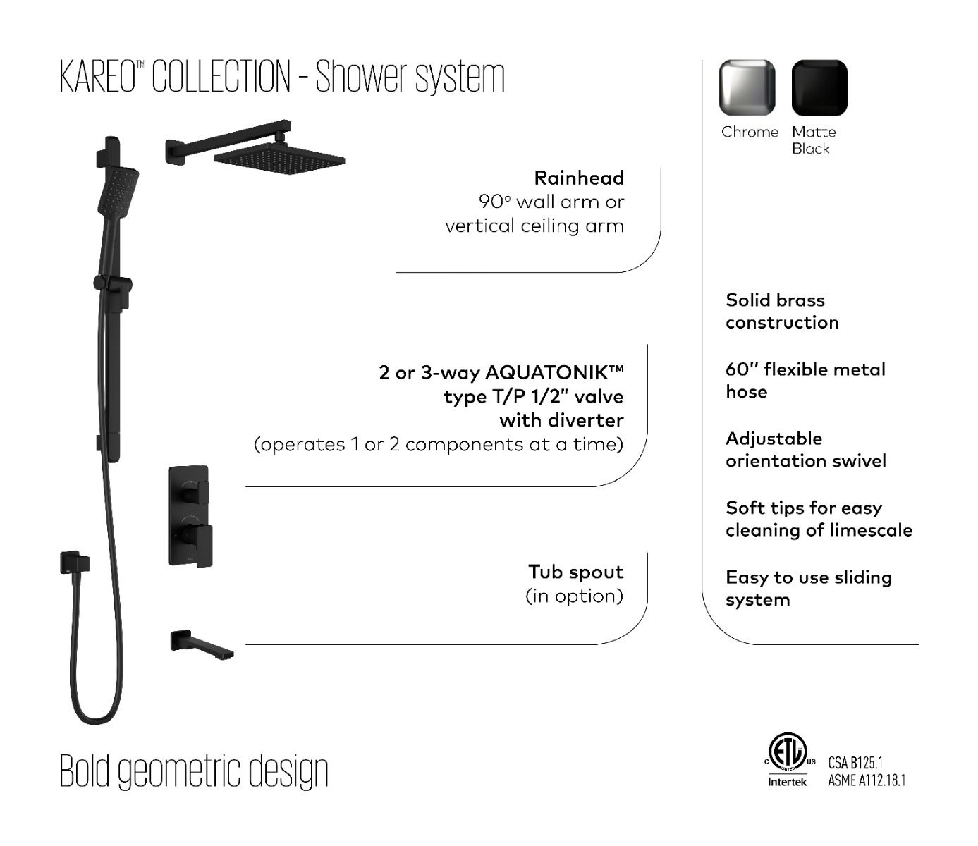 Kalia - Kareo TD2 : Aquatonik T/P With Diverter Shower System With Vertical Ceiling Arm Matte Black