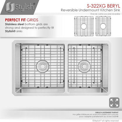 Stylish Beryl 33" x 18" Double Bowl 60/40 Reversible Undermount 16G Stainless Steel Kitchen Sink S-322XG - Renoz