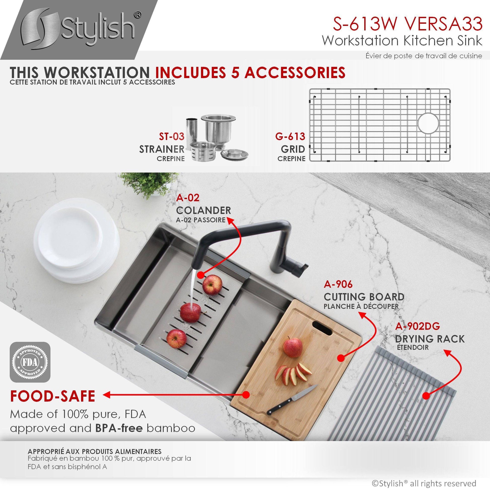 Stylish Versa33 33" x 19" Workstation Single Bowl Undermount 16 Gauge Stainless Steel Kitchen Sink with Built in Accessories S-613W - Renoz