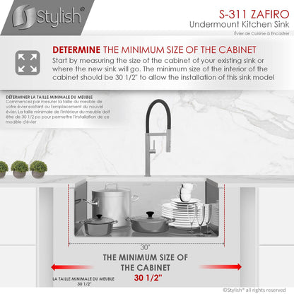 Stylish Zafiro 30" x 18" Single Bowl Undermount Stainless Steel Kitchen Sink S-311XG - Renoz