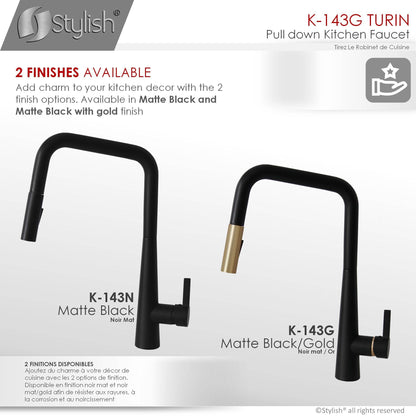 Stylish Turin 17" Kitchen Faucet Single Handle Pull Down Dual Mode Lead Free Matte Black/Gold K-143NG - Renoz