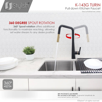 Stylish Turin 17" Kitchen Faucet Single Handle Pull Down Dual Mode Lead Free Matte Black/Gold K-143NG - Renoz