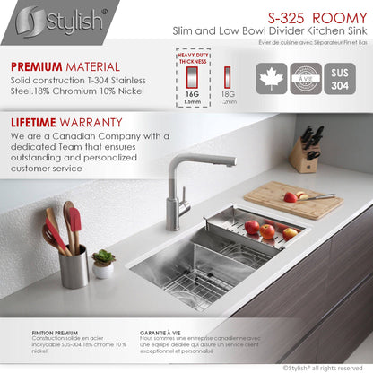 Stylish Roomy 32" x 18" Low Divider 60-40 Double Bowl Undermount Stainless Steel Kitchen Sink S-325XG - Renoz