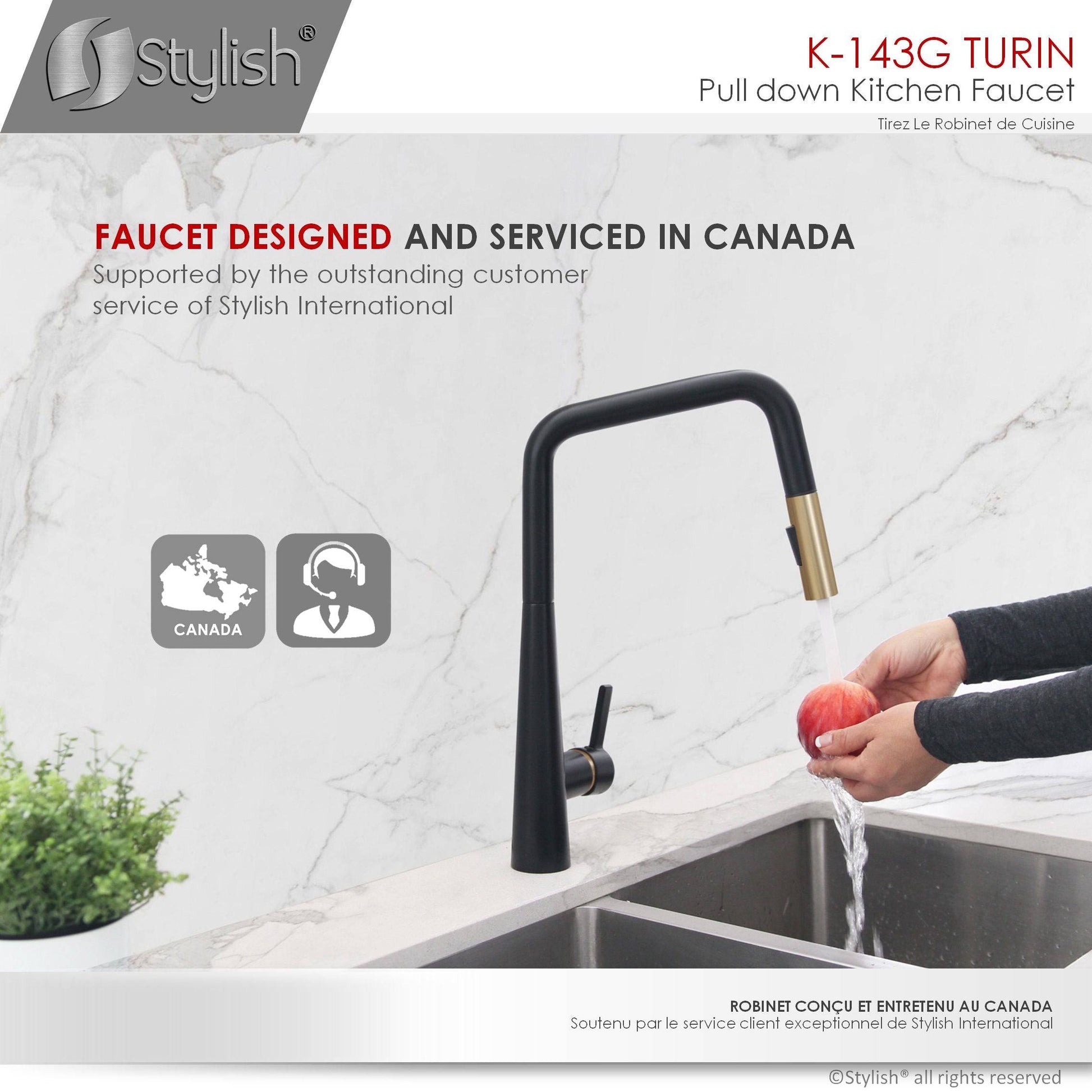 Stylish Turin 17" Kitchen Faucet Single Handle Pull Down Dual Mode Lead Free Matte Black/Gold K-143NG - Renoz