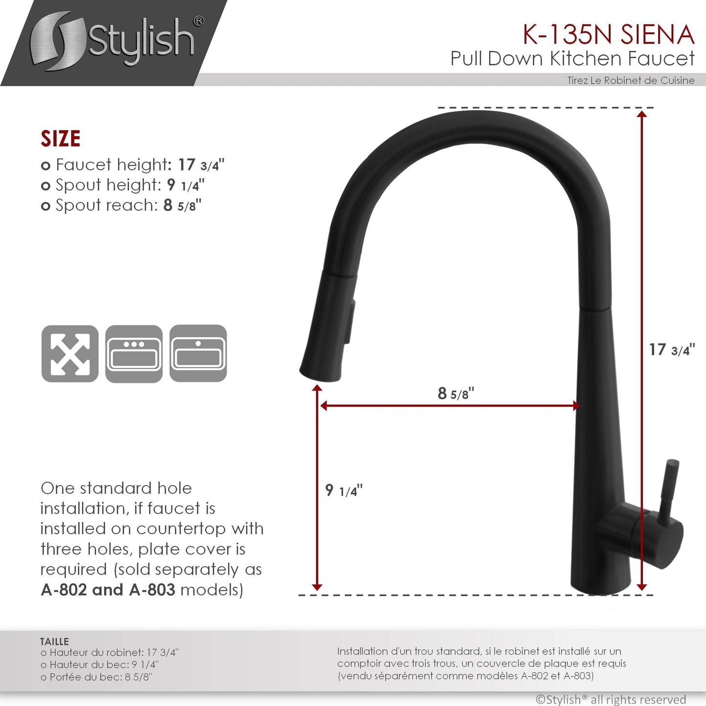 Stylish Siena 17" Kitchen Faucet Single Handle Pull Down Dual Mode Stainless Steel in Matte Black Finish K-135N - Renoz