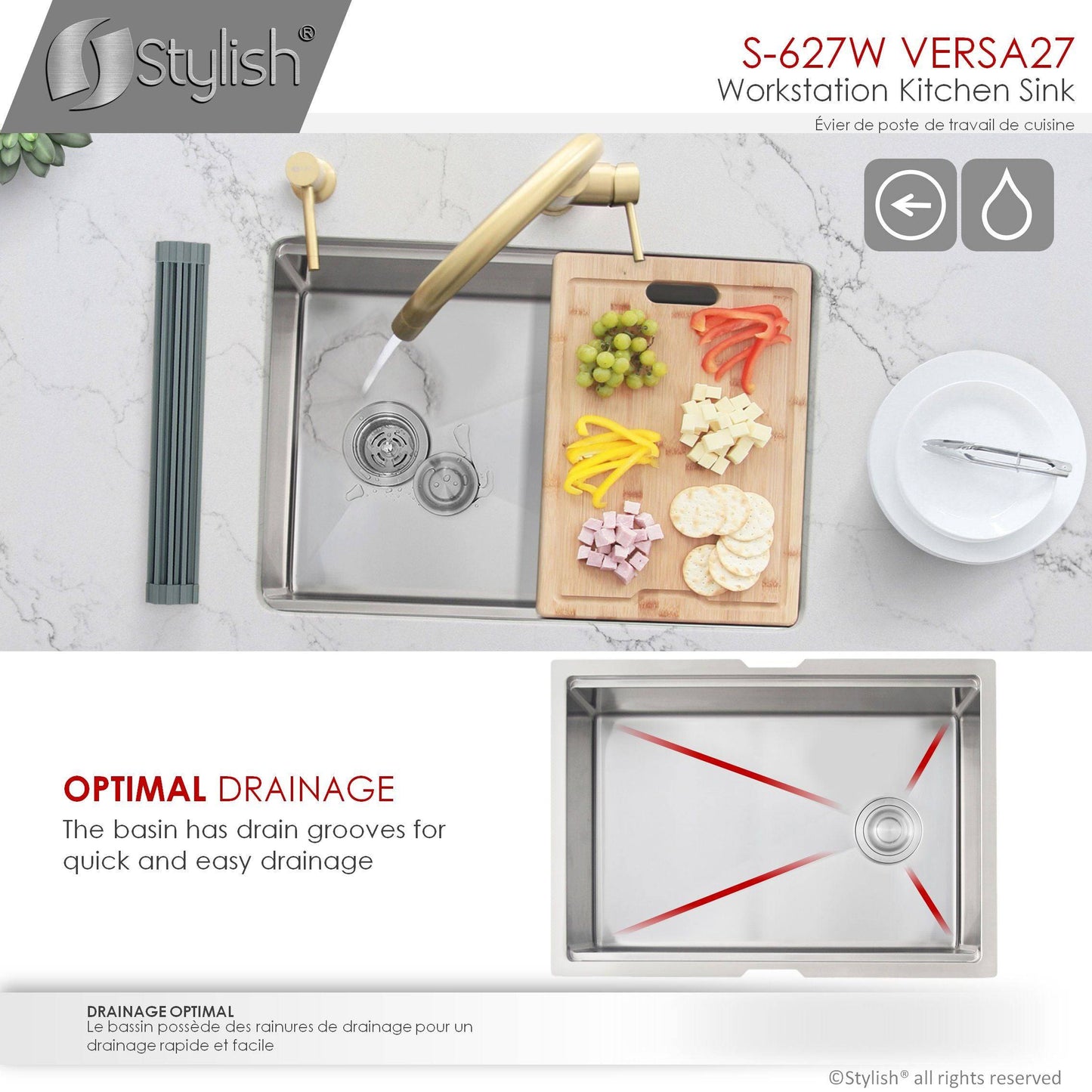 Stylish Versa27 27" x 19" Workstation Single Bowl Undermount 16 Gauge Stainless Steel Kitchen Sink with Built in Accessories S-627W - Renoz