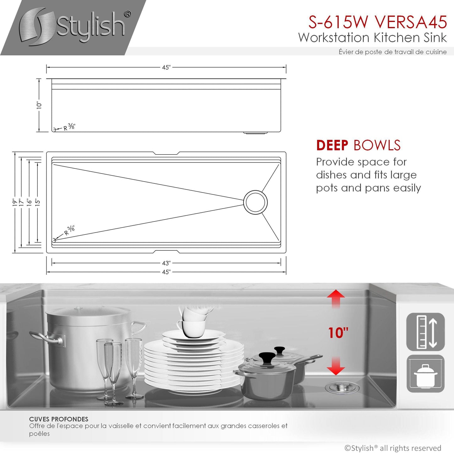 Stylish Versa45 45" x 19" Ledge Workstation Single Bowl Undermount 16 Gauge Stainless Steel Kitchen Sink with Built in Accessories S-615W - Renoz