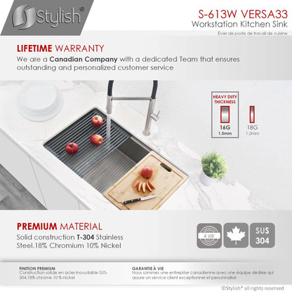 Stylish Versa33 33" x 19" Workstation Single Bowl Undermount 16 Gauge Stainless Steel Kitchen Sink with Built in Accessories S-613W - Renoz